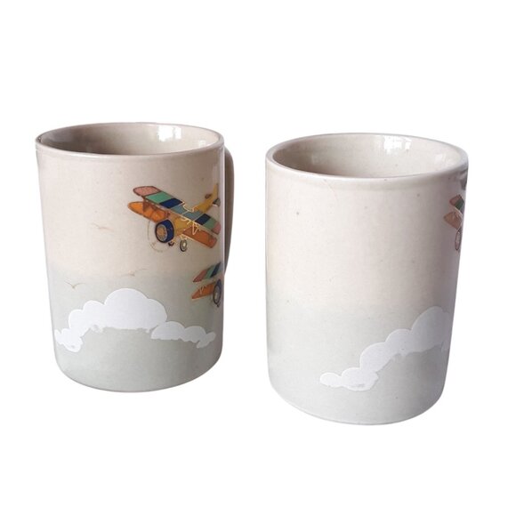 Set Of 2 Otagiri Coffee Mugs Vintage Biplane Design Beige Tones & Cloud Accents - Picture 3 of 8